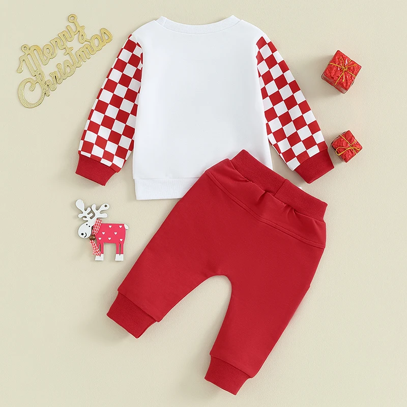 Baby Boy Christmas Outfits Plaid Reindeer Print Long Sleeve Sweater Pants Set Holiday Clothing Winter Clothes