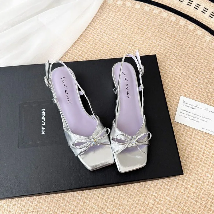 2026 Summer New Style French One-line Buckle Design High-heeled Sandals Women's Rhinestone Bow Decorated Square Toe Sandals