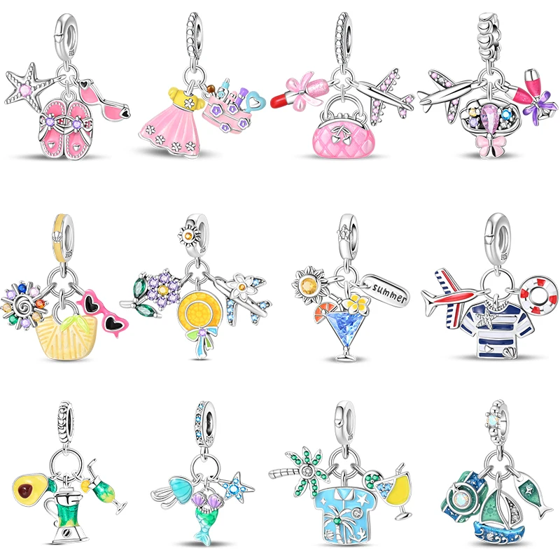 Happy Summer 925er Silber Seaside Vacation Island Coconut Tree Sonnenbrille Saft Charms Perlen passend für Qikaola-Armbänder DIY-Schmuck