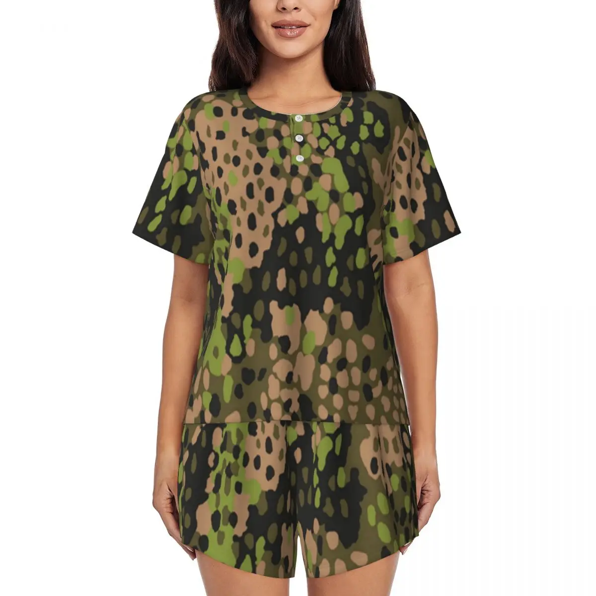 Custom WW2 Camo Pajama Sets Womens 2 Piece Germany Camouflage Short Sleeve Pjs Shorts Sleepwear