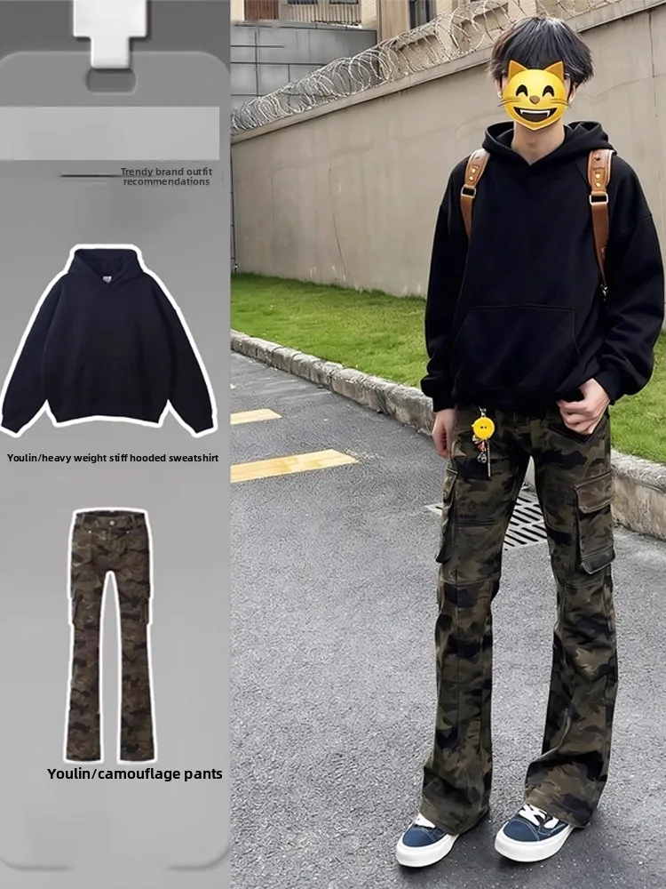 

American Style Heavyweight Black Hoodie Men's Autumn Cool Trendy Camouflage Flared Workwear Jeans Casual Sportswear Set