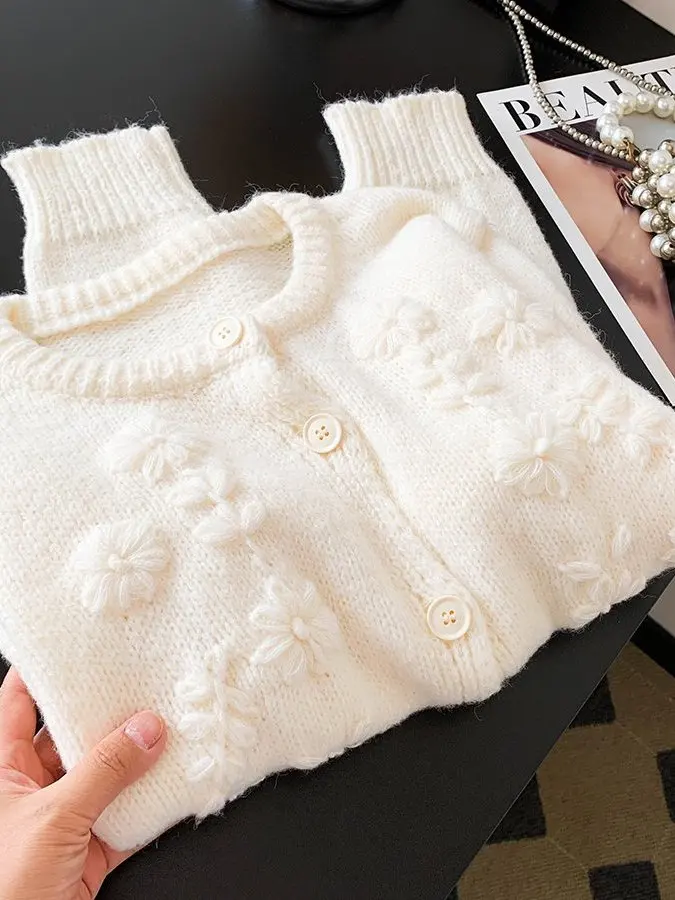 Dames gebreide wollen trui jas geborduurd 3D-ontwerp losse pasvorm herfst winter Faion Sweet Sle Long Sve rond Ne