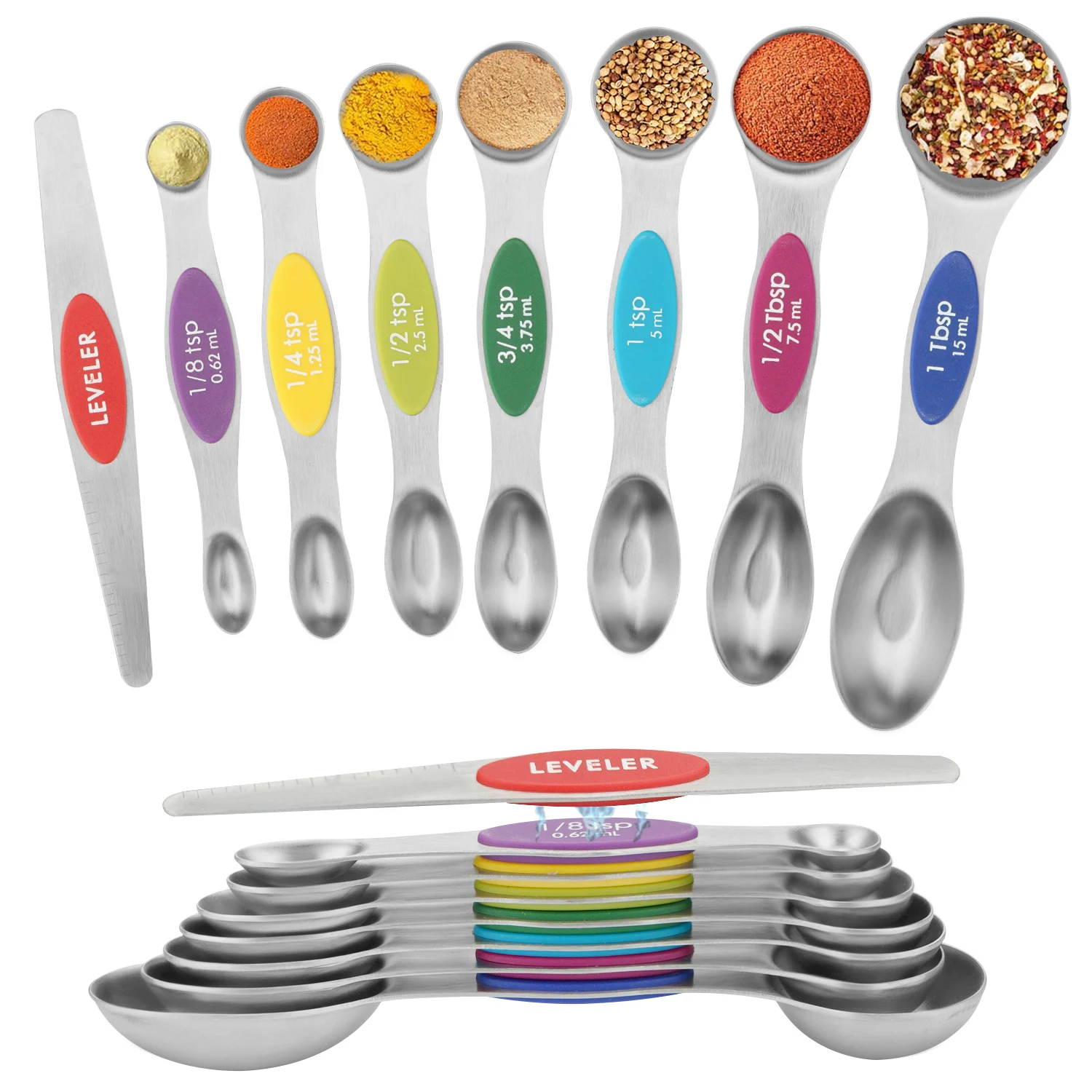 8PCS Stainless Steel Magnetic Measuring Spoons Set Double End Coffee Measure Spoon Dual Sided for Liquid and Dry Ingredients