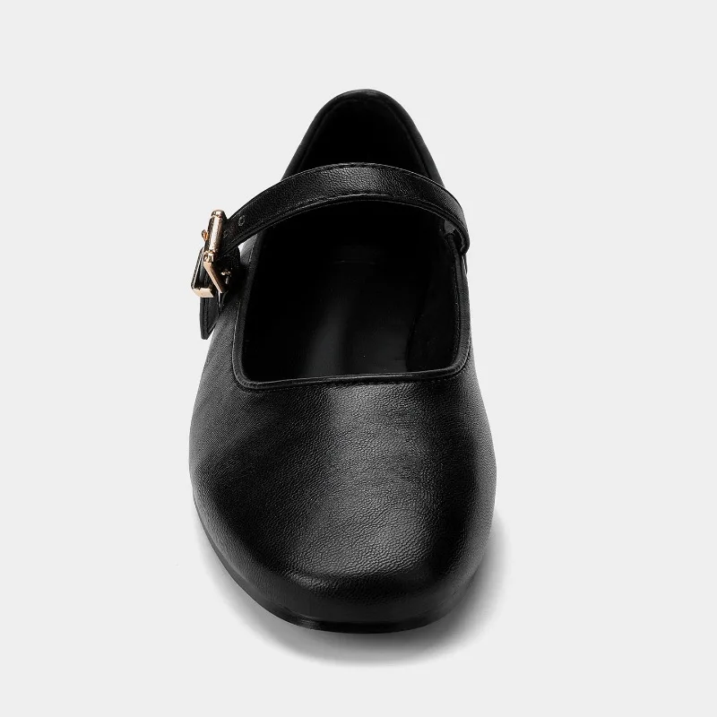 Autumn Soft Leather Women Mary Jane Shoes Round Toe Shallow High Quality Retro Concise Design Metal Belt Buckle Ballet Flats