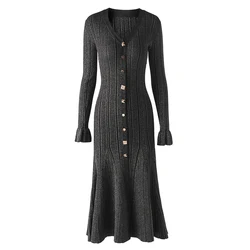 2024 Autumn New Long sleeved Flare Cuff Large hem Long Knitted Gold Silk Dress