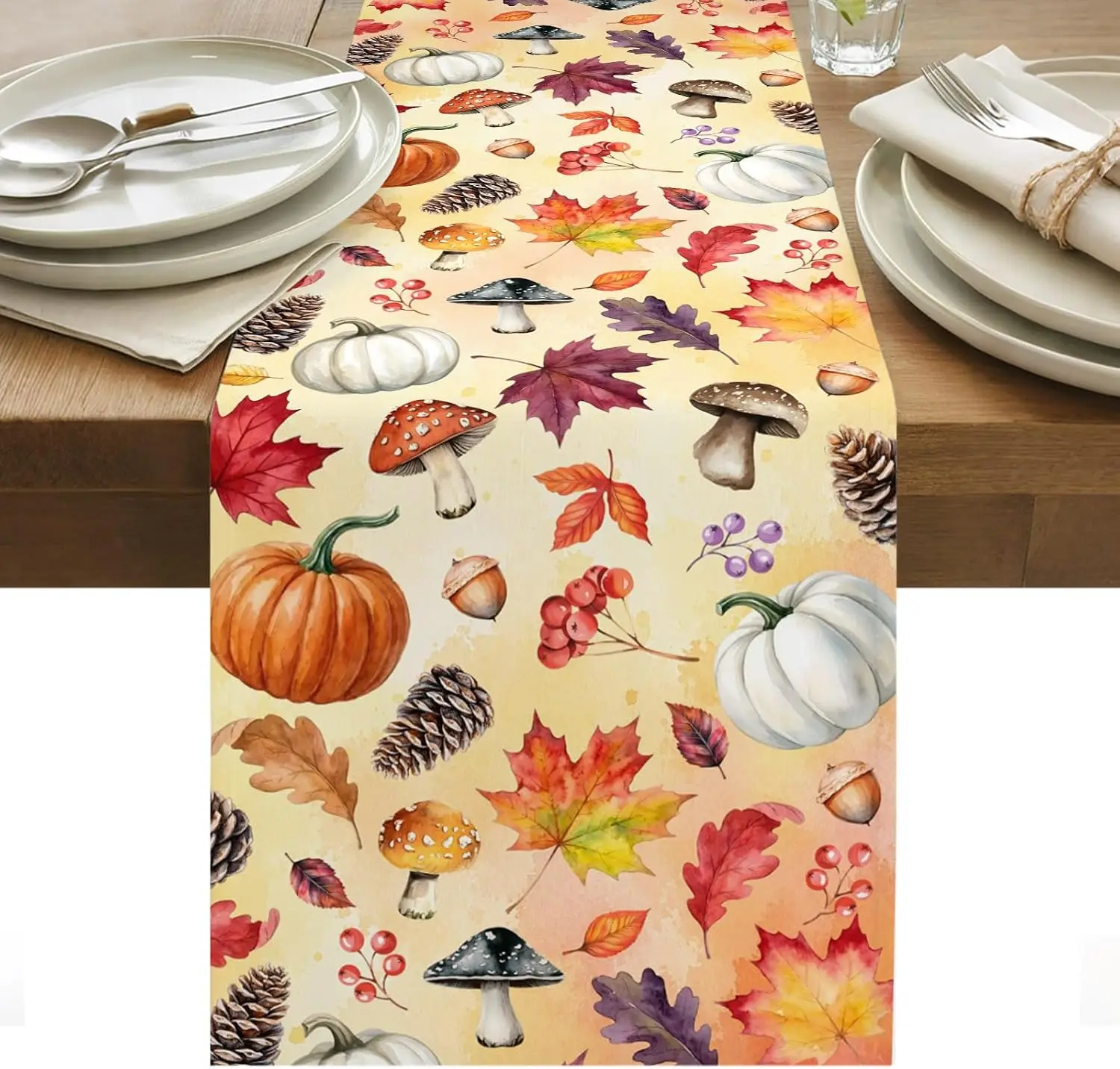 Fall Pumpkin Maple Leaf Mushroom Linen Table Runner Holiday Party Decor Reusable Kitchen Dining Table Runner Autumn Decorations