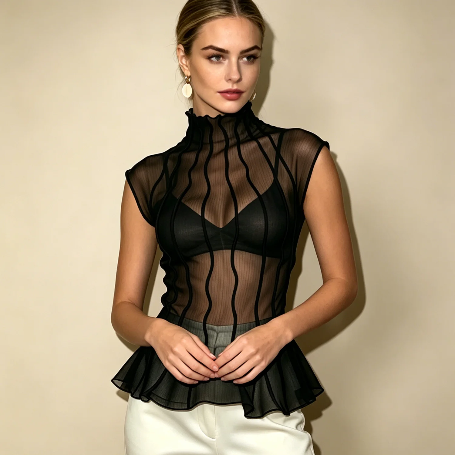 PUAL Women2026 New See Through Mesh Sleeveless Blouse Ruffle Turtleneck Slim Fit Peplum Flounce Hem Elegant Party Daily Wear Top
