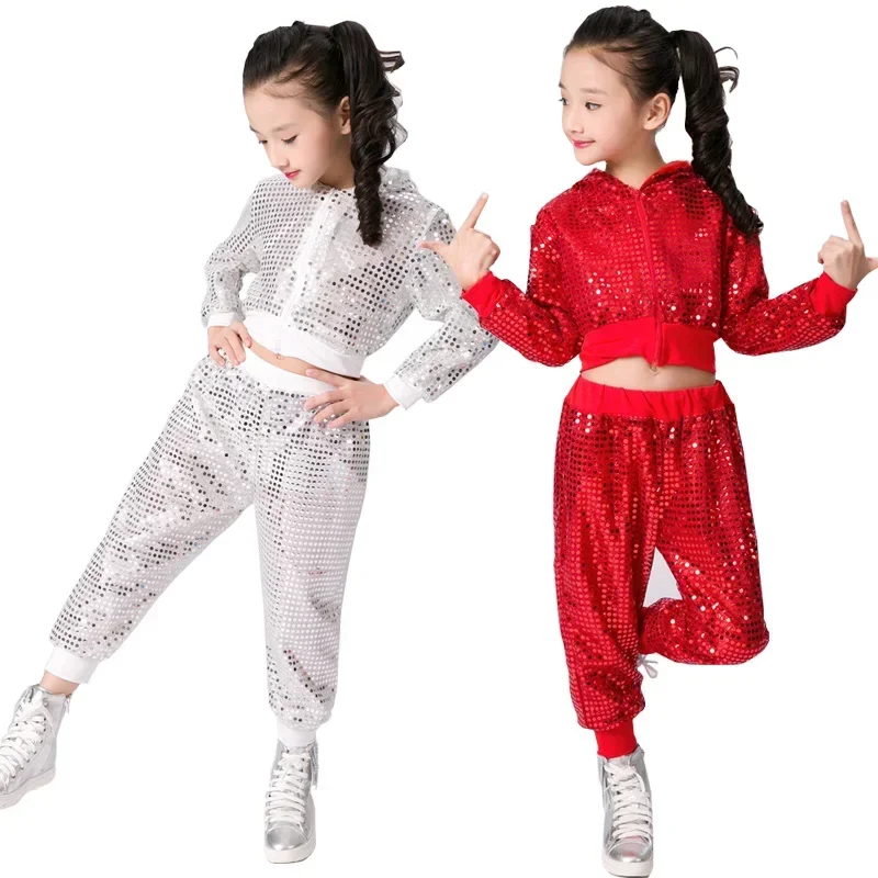 Children Sequins Jazz Dance Modern Cheerleading Hip Hop Costume For Kids Boy Girls Crop Top And Pant Performance Outfits Clothes