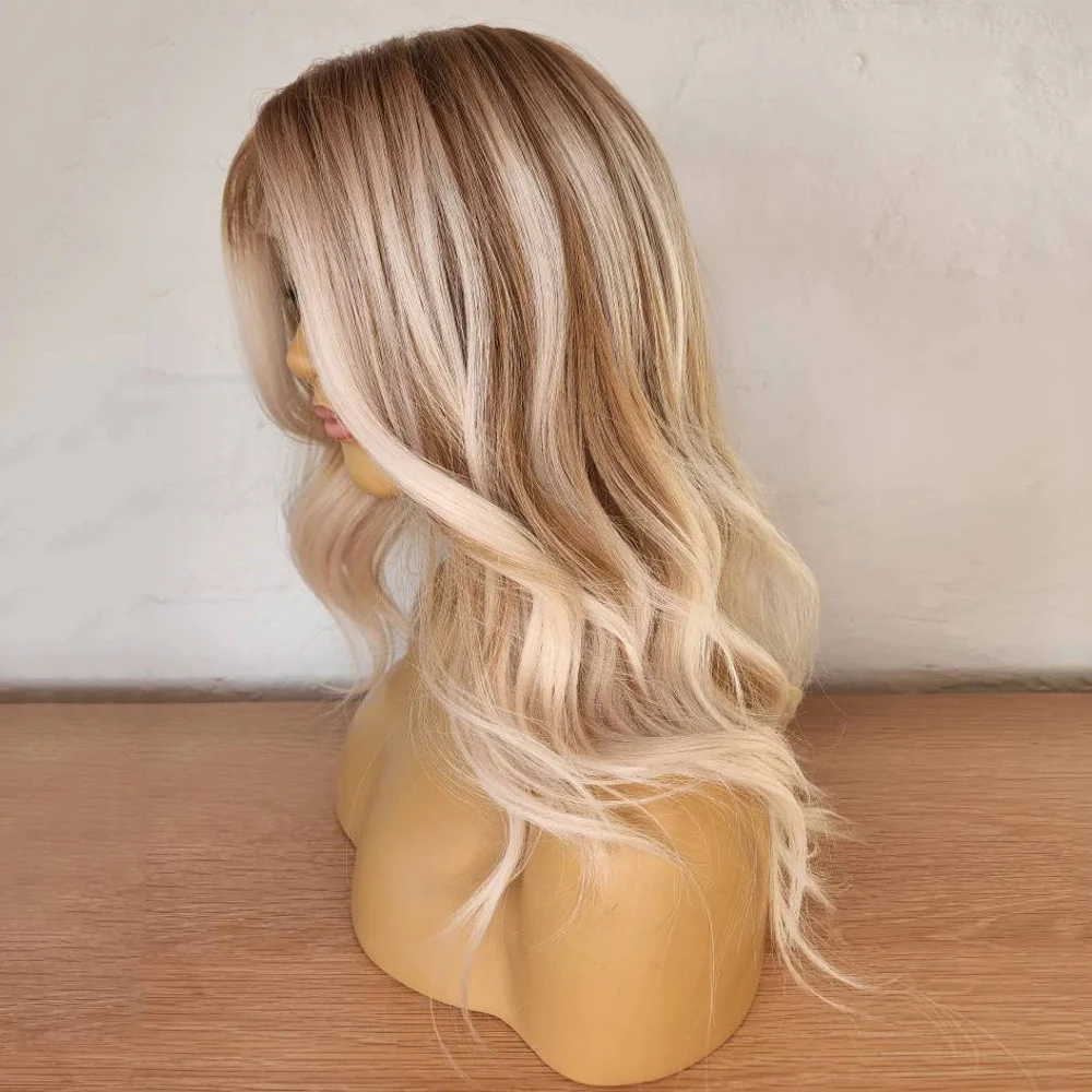 Perruque Lace Front Wig synthétique à reflets blonds, cheveux doux ondulés, racines caramel, qualité supérieure, chaleur, degré, 03/3