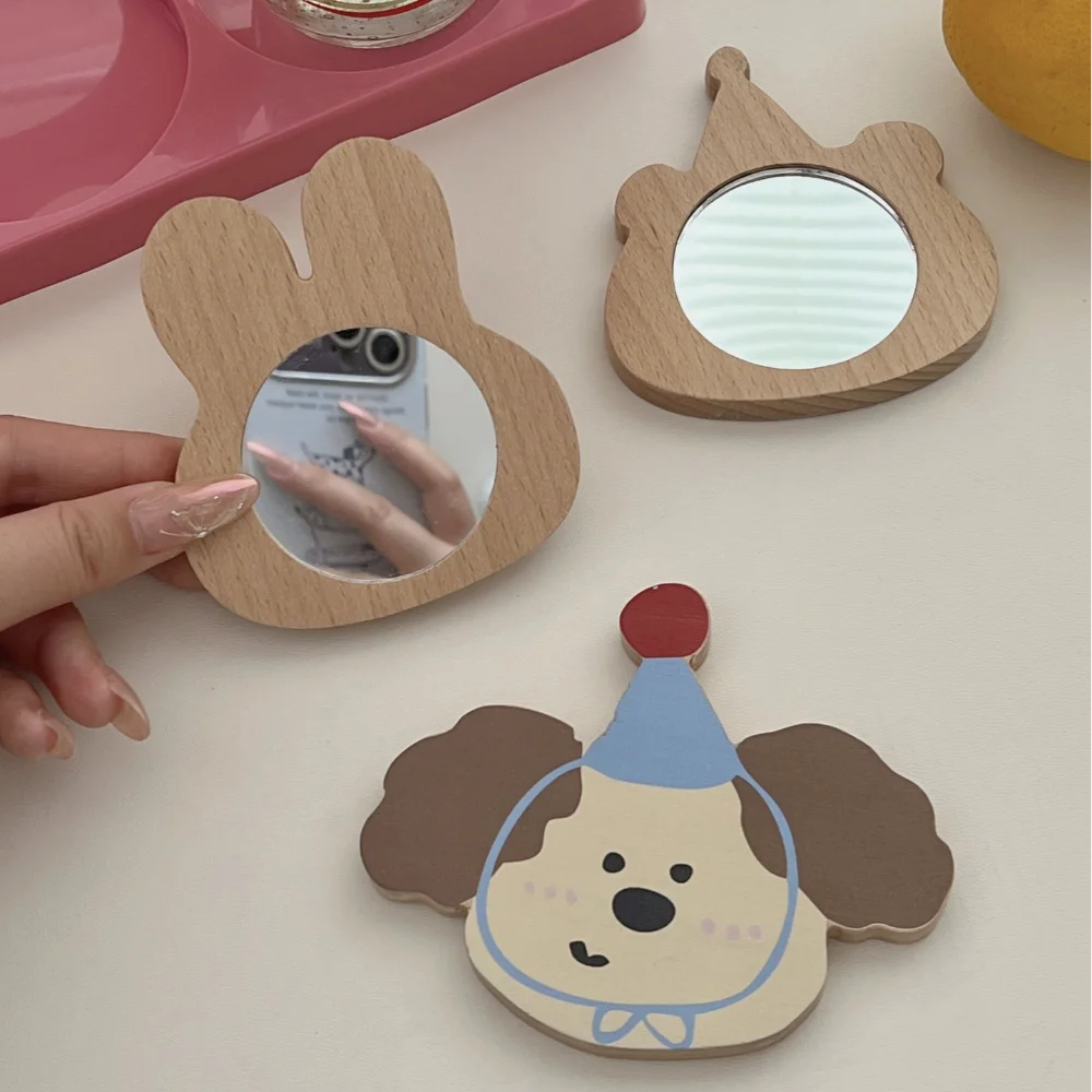 Cute pattern Handheld Mirror High Definition Wooden Cartoon Makeup Mirror Travel Animal Shape Compact Pocket Mirror Women