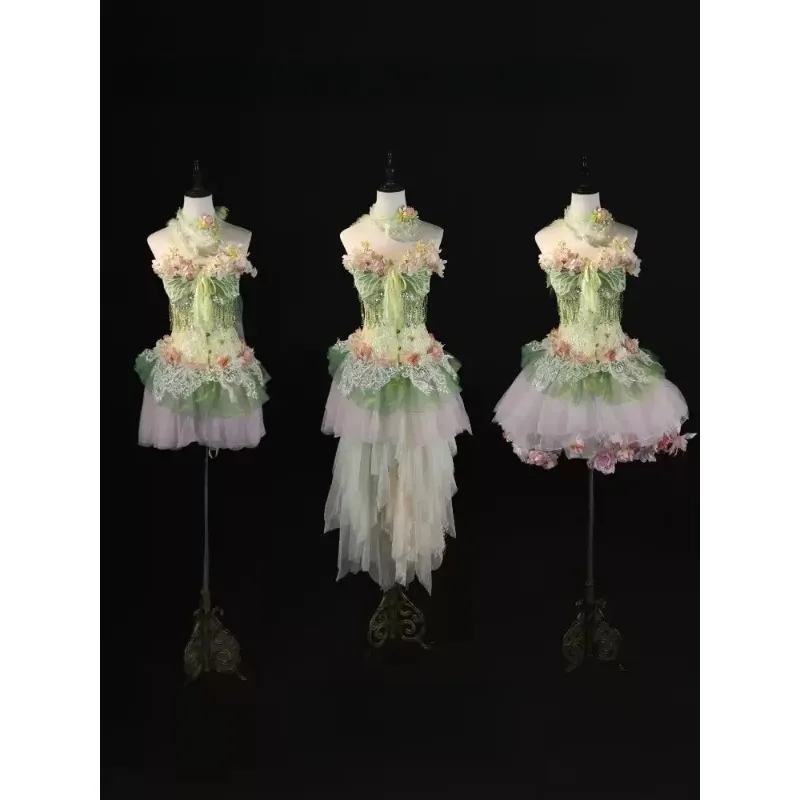 Fairy Flower Fairycore Dress Set,Corset Bodice Short Skirt with Floral Skirt Hoop and Single Wing,spring Cosplay