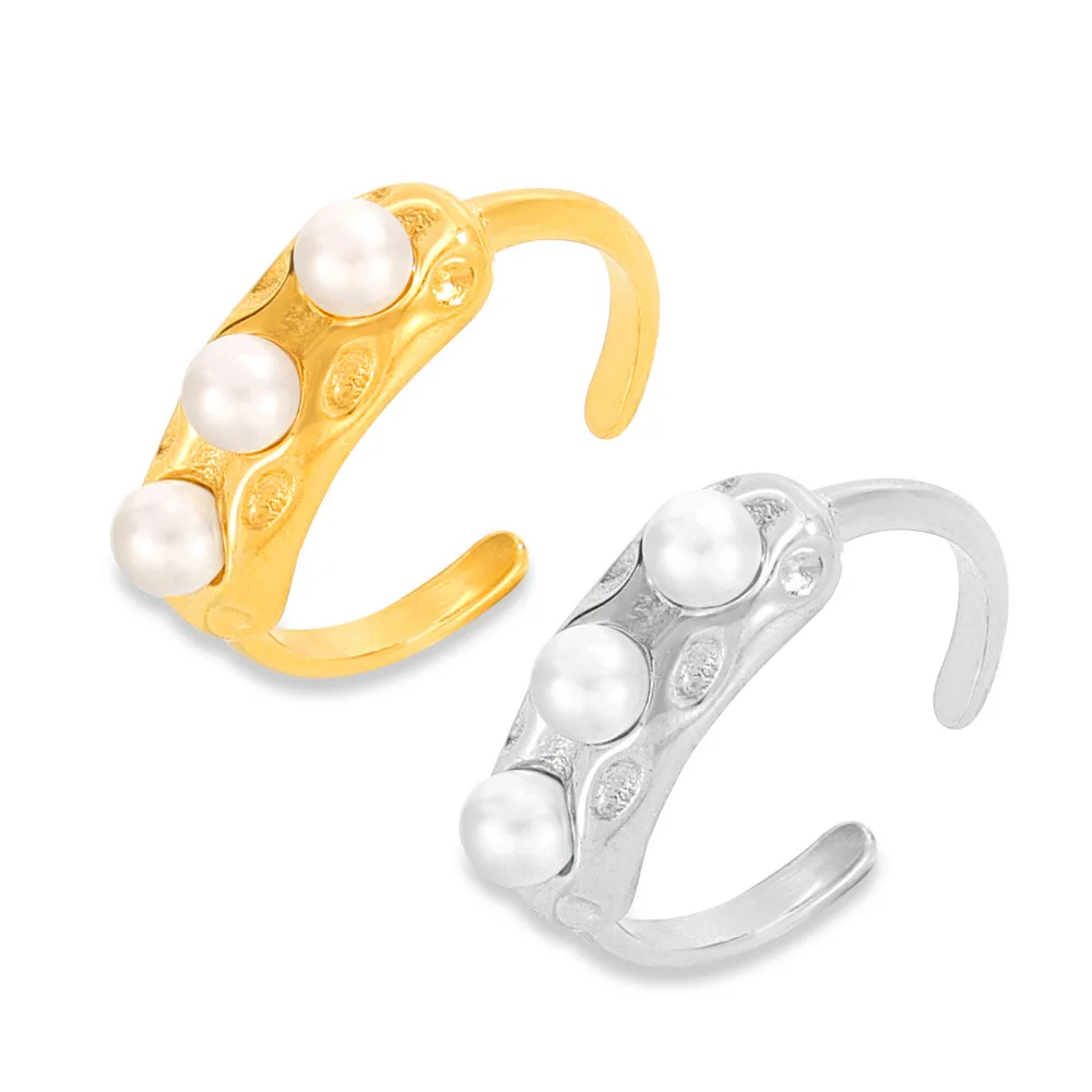 Fashion Imitation Pearl Ring Women's Stainless Steel Gold-Plated Open Couple Dating Ring Summer Colorfast Jewelry Gift