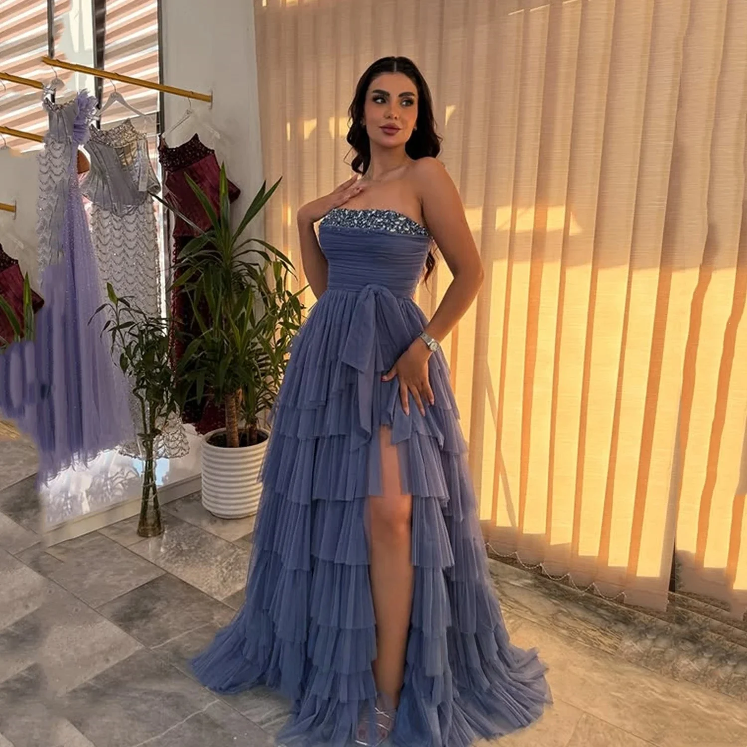

Slit Beaded Long Bespoke Occasion Gown Evening Dresses Pastrol Unisex Jersey Retro Dubai Saudi Arabic Israel Prom Customized