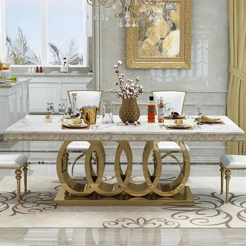 

Post-Modern Marble Top-Grade Dining Table And Chairs Combination Stainless Steel Top Crown Apartment Golden Carved Furniture