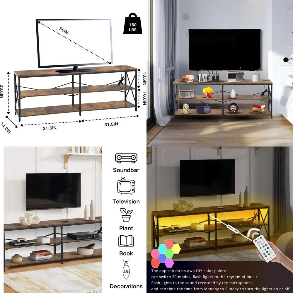 

Тумба под телевизор Rustic Brown 63 с розетками, 2 USB-портами, LED-подсветкой, 2-уровневым хранилищем для гостиной и спальни