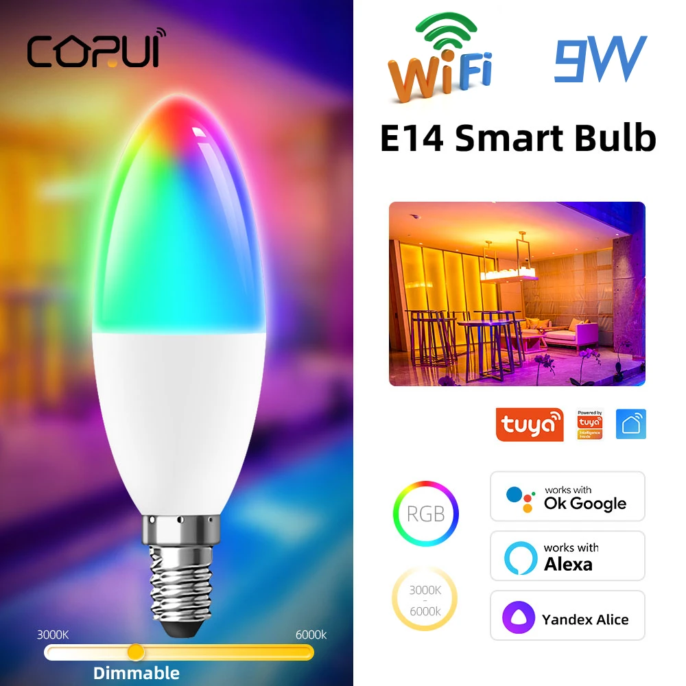 

9W Wifi Tuya Smart Light Bulb E14 Candle RGB+CW+WW Chandelier Dimmable Led Lamp Lightbulb, Smart Life APPAlexa Google Home Alice