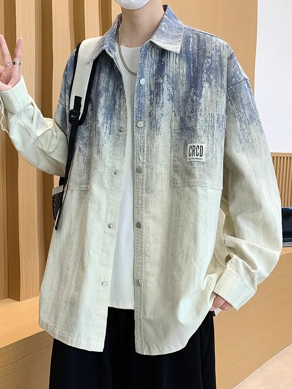 

Мужская рубашка свободного кроя с длинными рукавами, повседневный стиль, градиентная окраска, модный гонконгский стиль, весна-осень, новое поступление