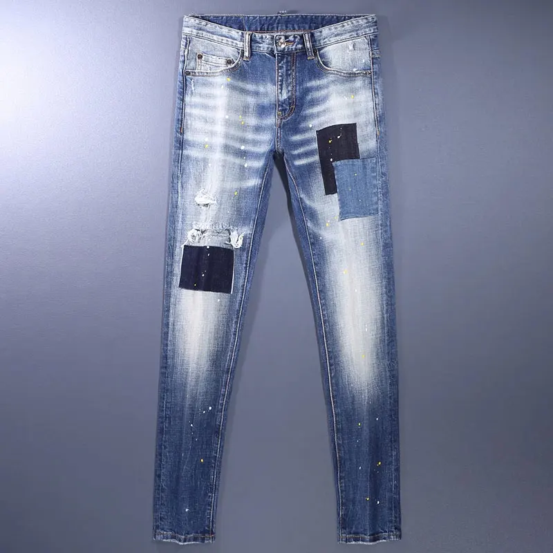 Men Deep‑Blue Gradient Wash Contrast Color Block Patches Scratch Mark Paint Splatter Stretch Skinny Denim Jeans Hip‑Hop Streetwe