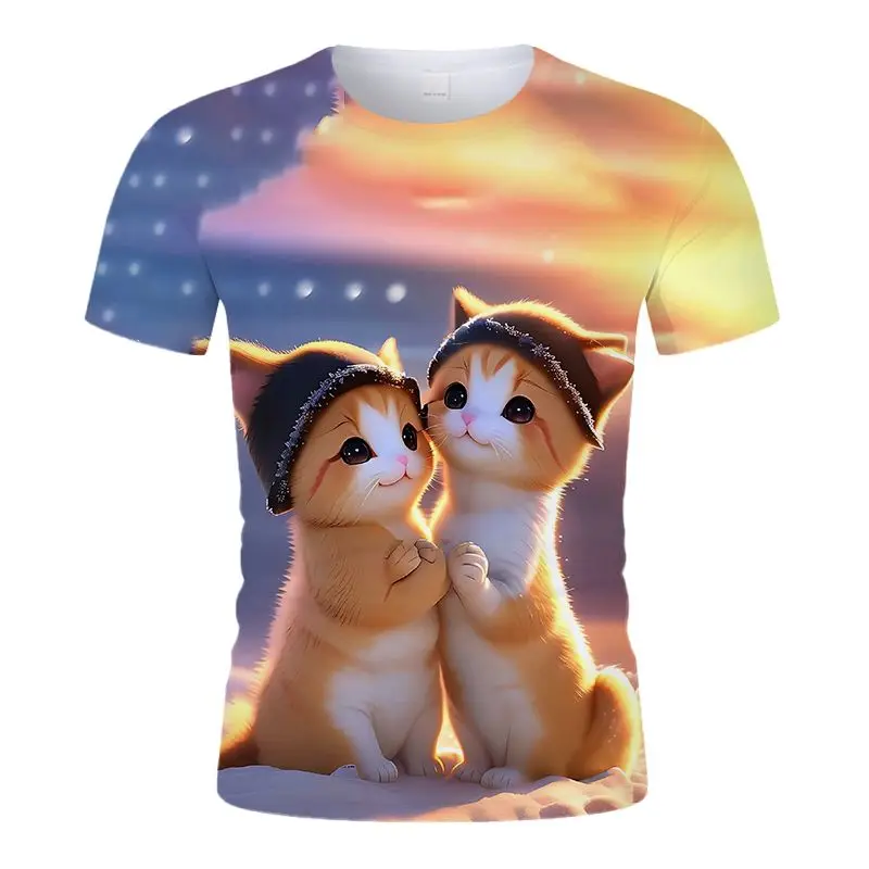 Summer new cute dog cat pattern T-shirt printed personality round neck short sleeve kitten men's T-shirt