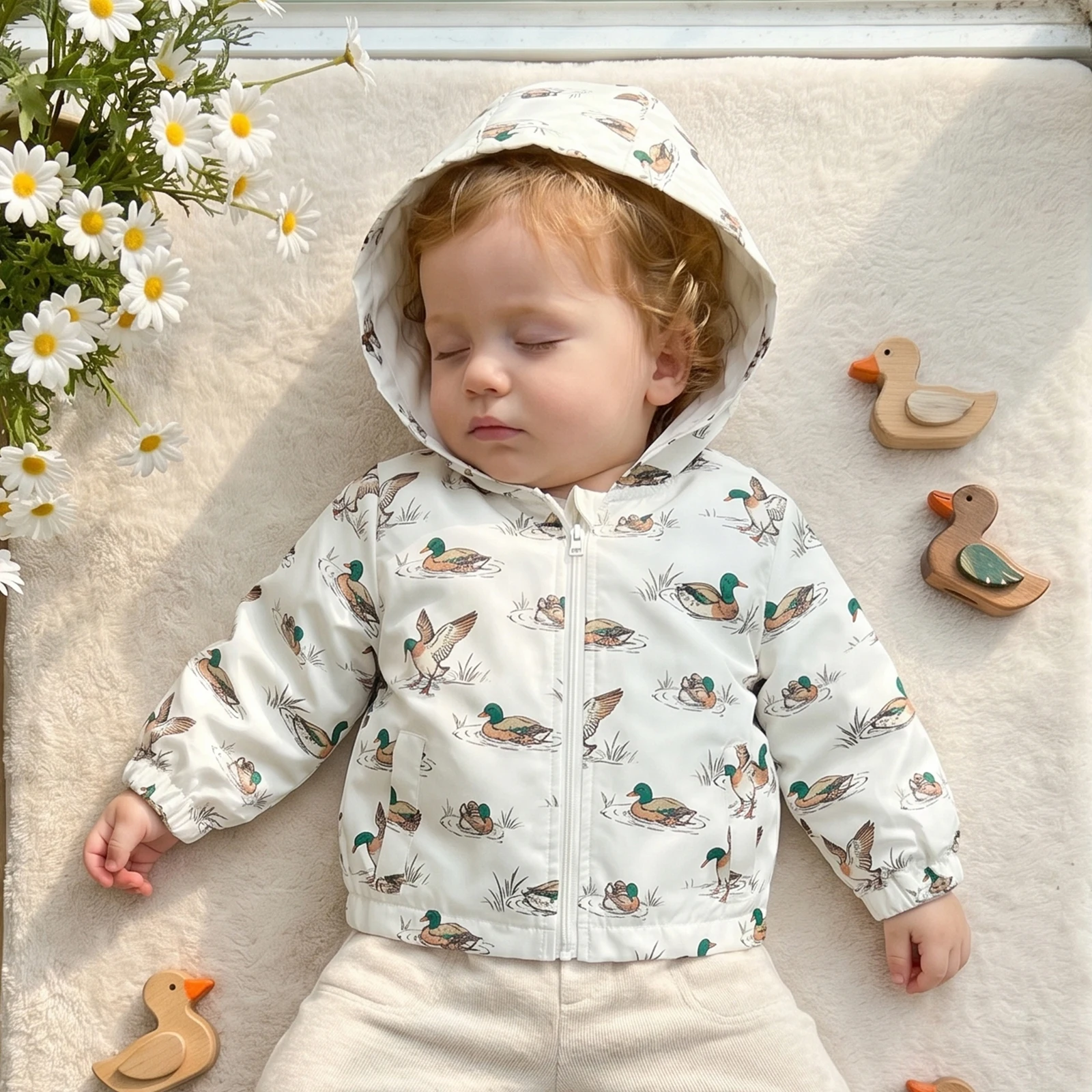 Toddler Boy Jacket Duck Print Long Sleeve Hooded Coat Zipper Outwear