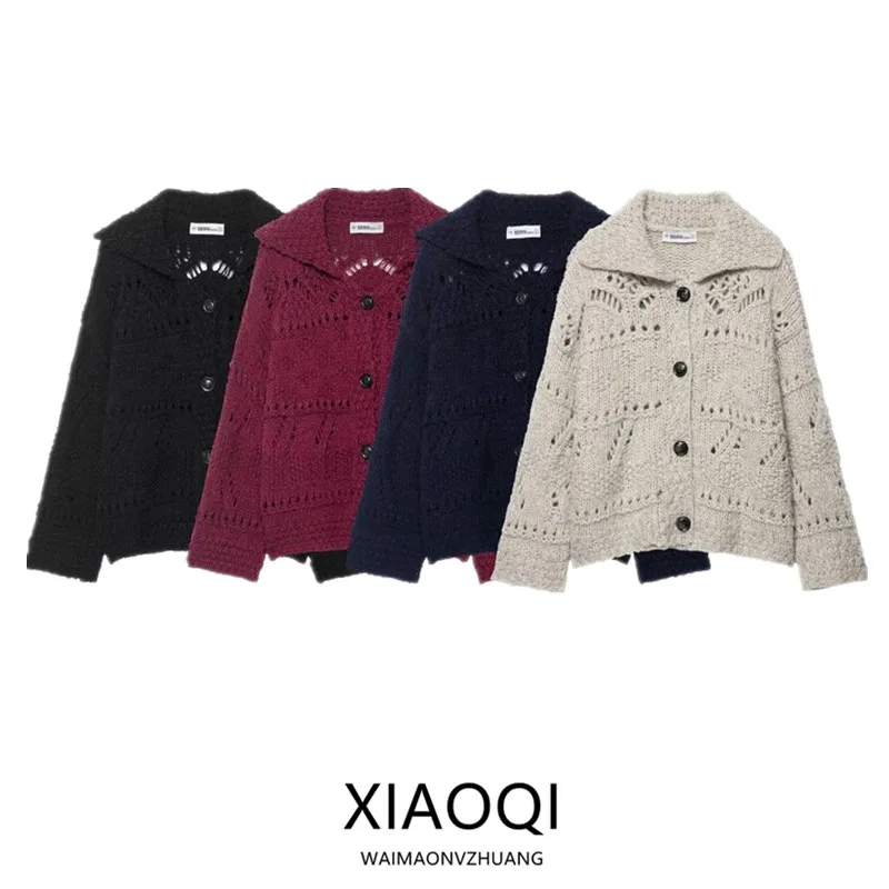 

Autumn Winter Women's Knitted Open Cardigan Coat Coarse Needle Hollow Design Casual Sle Long Sve Button Closure
