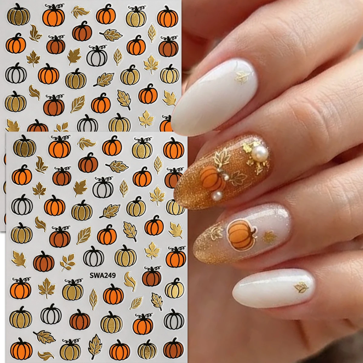 1/2PCS 3D Autumn Gold Pumpkin Maple Leaf Nail Stickers , Thanksgiving Halloween Gift, Nail Artist Supplies DIY