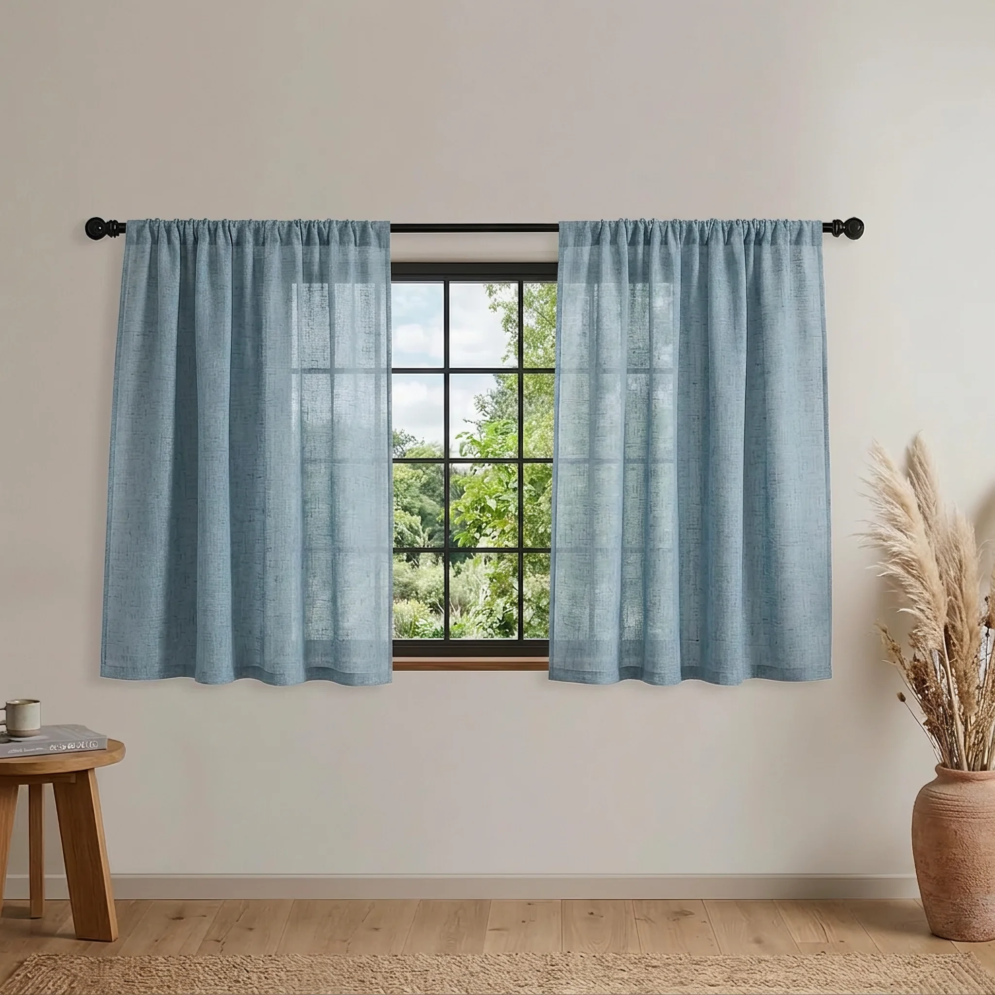 1 Piece, Available in Multiple Colors: Medium Gray / Haze Blue / Sage Green / Light Camel / Celadon Green, Ins-Style Rainbow Linen Small Curtain, with Rod-Top Soft Light-Filtering Drape, 100% Polyester Fabric, Washable, Bohemian Ambiance Soft Decor, Suitable for Kitchen Bay Windows, Bedroom Small Windows, Does Not Include Installation Accessories and Tie-Backs
