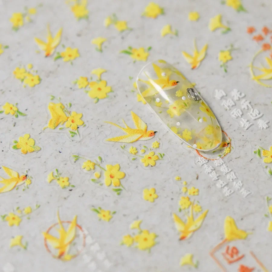 Spring Yellow Flower Swallow Green Lucky Grass White Dove Kite Chinese Crane 3D Self Adhesive Nail Art Stickers Manicure Decals