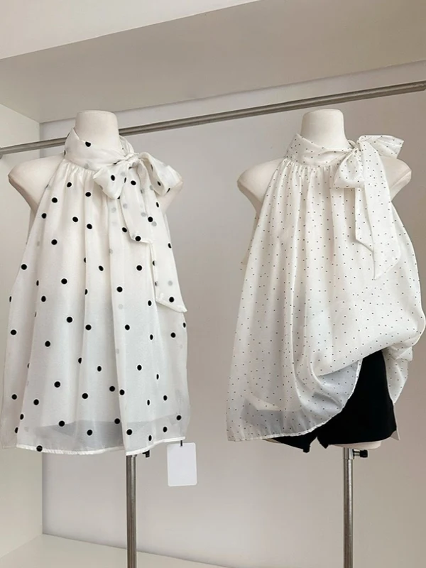 

Summer Polka Dot Bow Tie Svel Vest Women's Loose Slimming irt Sle Commute Korean Version Polyester Fiber round Ne
