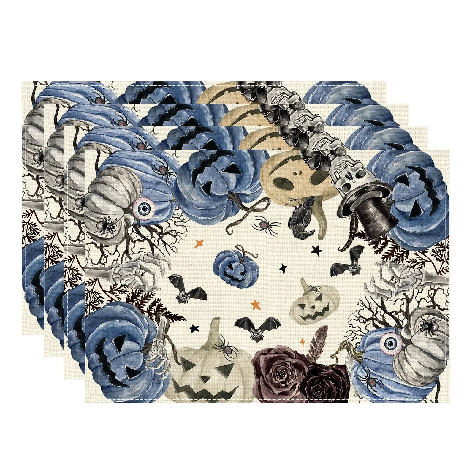 

Halloween Spooky Blue Pumpkin Placemats Table Mats for Party Home Kitchen Dining Table Decorations 12x18 Inch