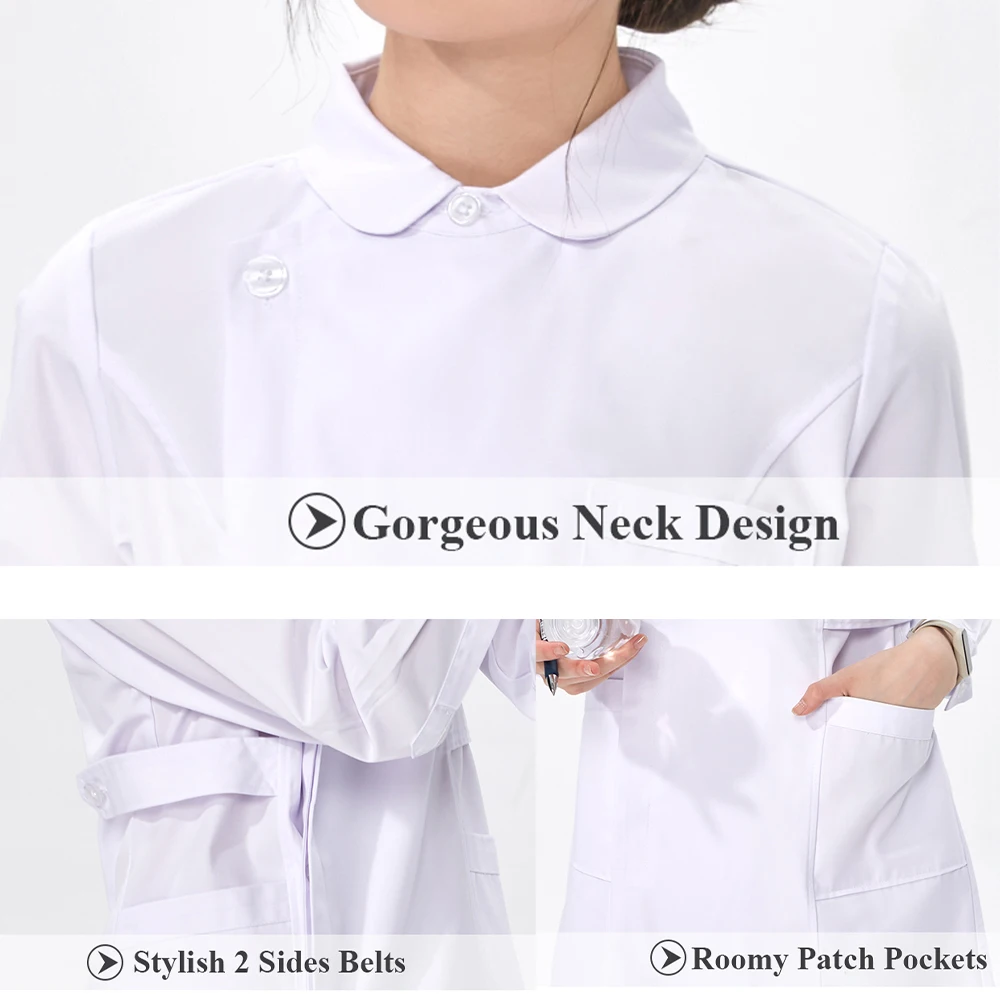 White Nurse Gown Women Medical Scrub Uniform Robe Short Sleeve Workwear Hospital Scrubs Dress Healthcare Uniforms 903