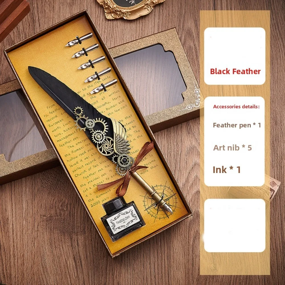 

Ручка для воды в стиле ретро-панк, сменная 5-наконечная металлическая ручка для подписи в европейском стиле, перьевая ручка, винтажная роскошная ручка с перьями