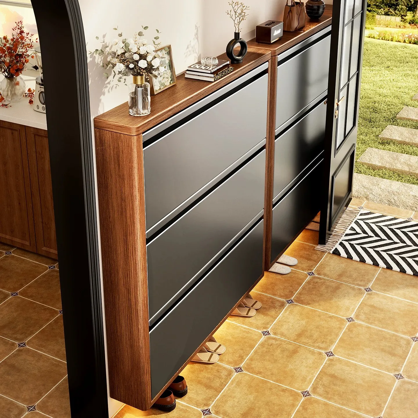 Steel ultra-thin tipping bucket shoe cabinet, integrated at the door of the household, 15cm steel entrance cabinet against the