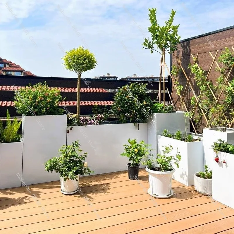 Large Capacity Custom Outdoor Metal Planter Box Stainless Steel Iron Flower Pot White Rectangular Garden Raised Plant Container