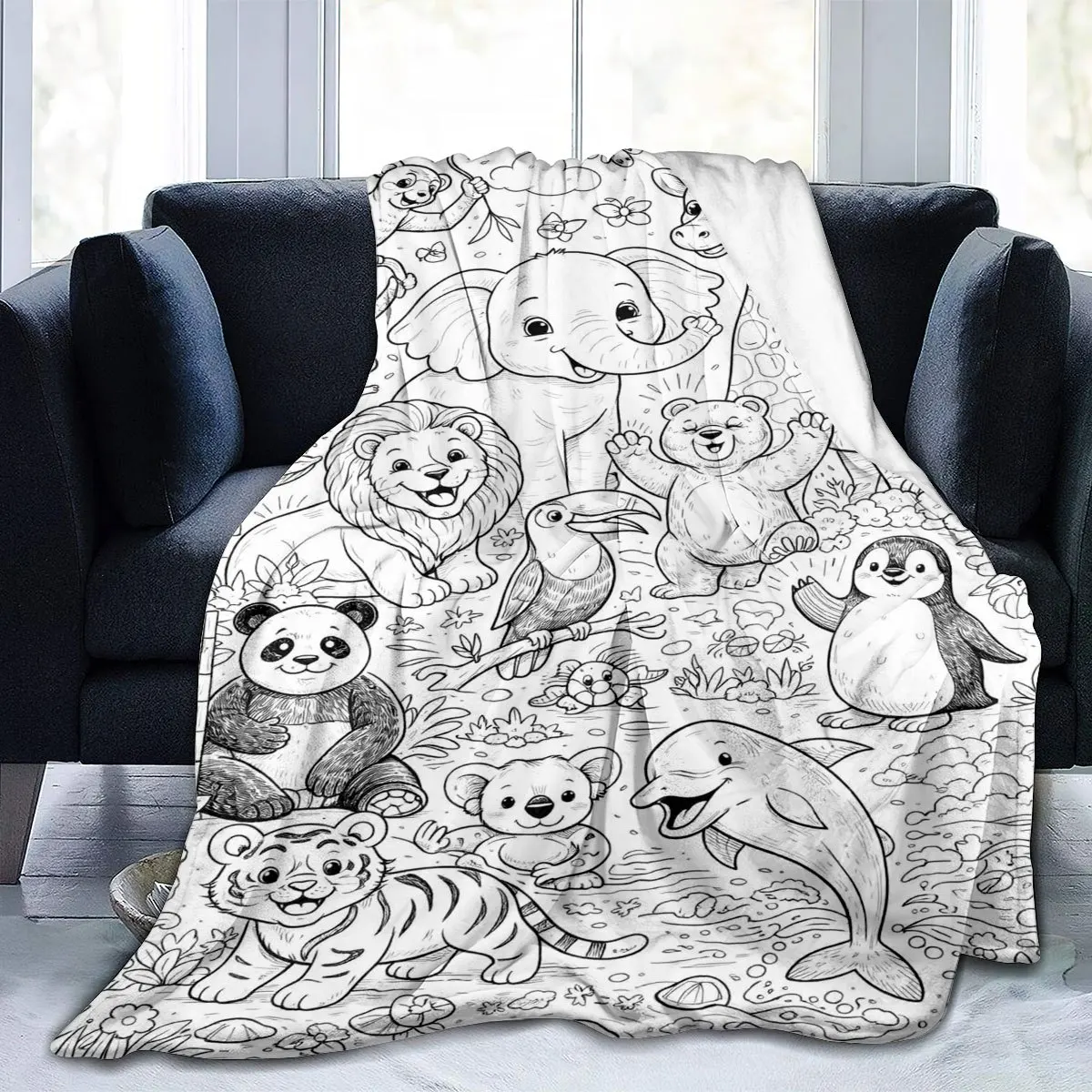 Fun Animal Printed Blanket Can Be DIY Painted Blanket Cartoon Jungle Marine Small Animal Nap Blanket Without Marker Pen
