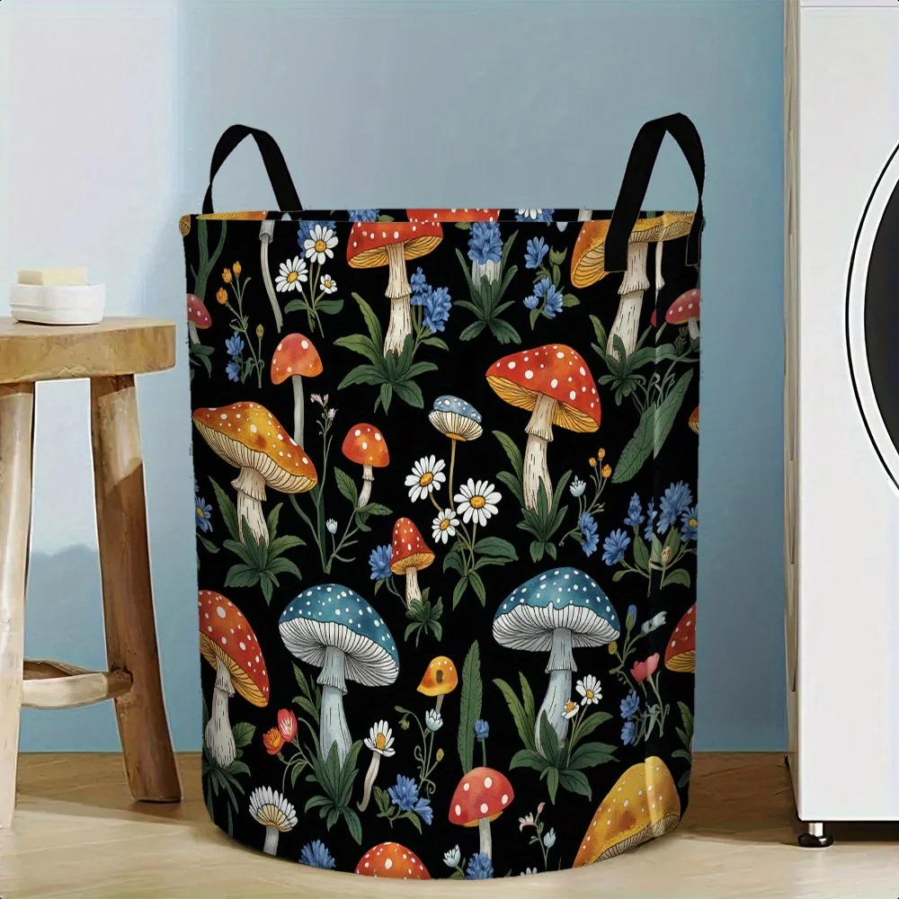 1 قطعة سلة غسيل قابلة للطي على شكل فطر ميدلي مع مقبض سلة تخزين متينة خفيفة الوزن، تصميم طباعة زهور الفطر النابضة بالحياة