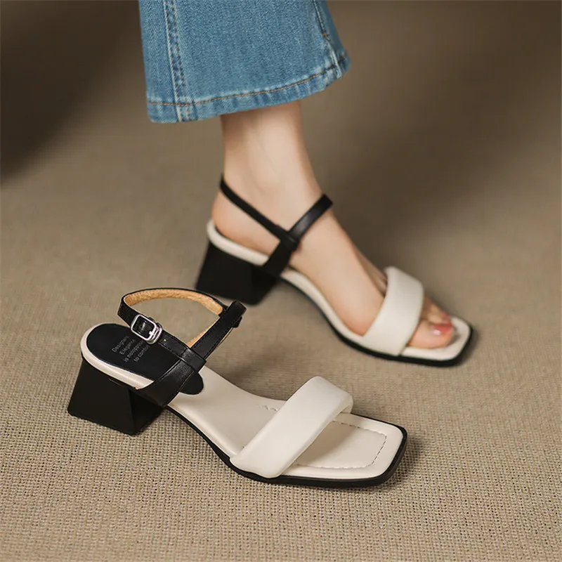 

New Summer Sandals Genuine Leather Women Shoes Square Toe Sandals for Women Fashion Mixed Color Chunky Heels Sandals High Heels