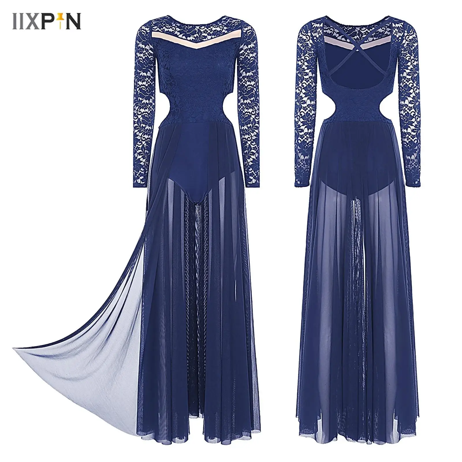 

Adults Womens Lyrical Dance Costume Floral Lace Patchwork Long Sleeve Waist Sides Cut-Out Flowy Mesh Leotard Dress Modern Dress