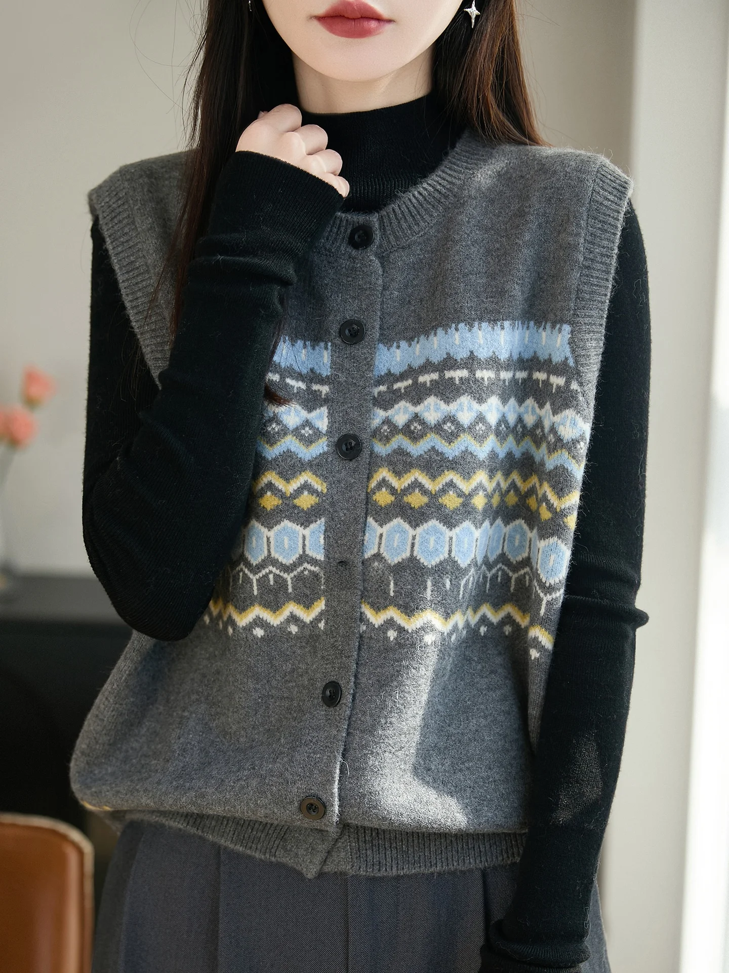 

Вязаный жилет Sli для женщин, верхняя одежда на весну-осень, большие размеры, дизайн Fair Isle, теплый, комфортный, в корейском стиле