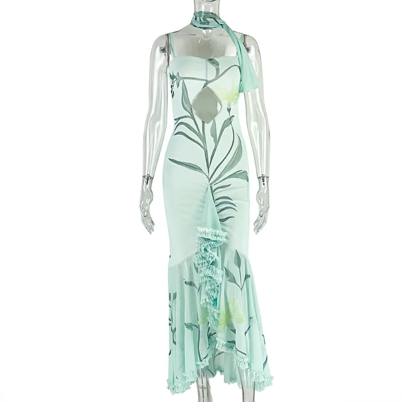 DSMTRC Vintage Luksusowa Damska Sukienka Wieczorowa z Nadrukiem Elegancka Bez Rękawów na Cienkich Ramiączkach Obcisła Sukienka Bodycon z Falbankami i Wycięciami