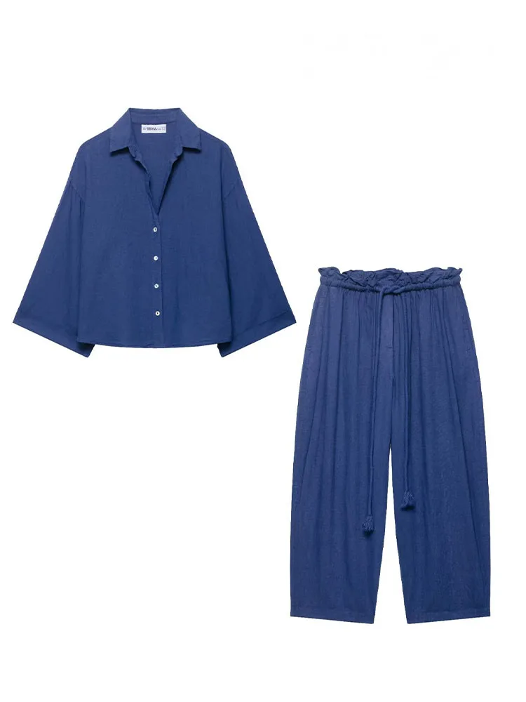 

HH Women Elegant Lapel Single-Breasted Long Sleeve Pocket Shirt+Slim Drawstring High Waist Pocket Pants Solid 2-Piece Set