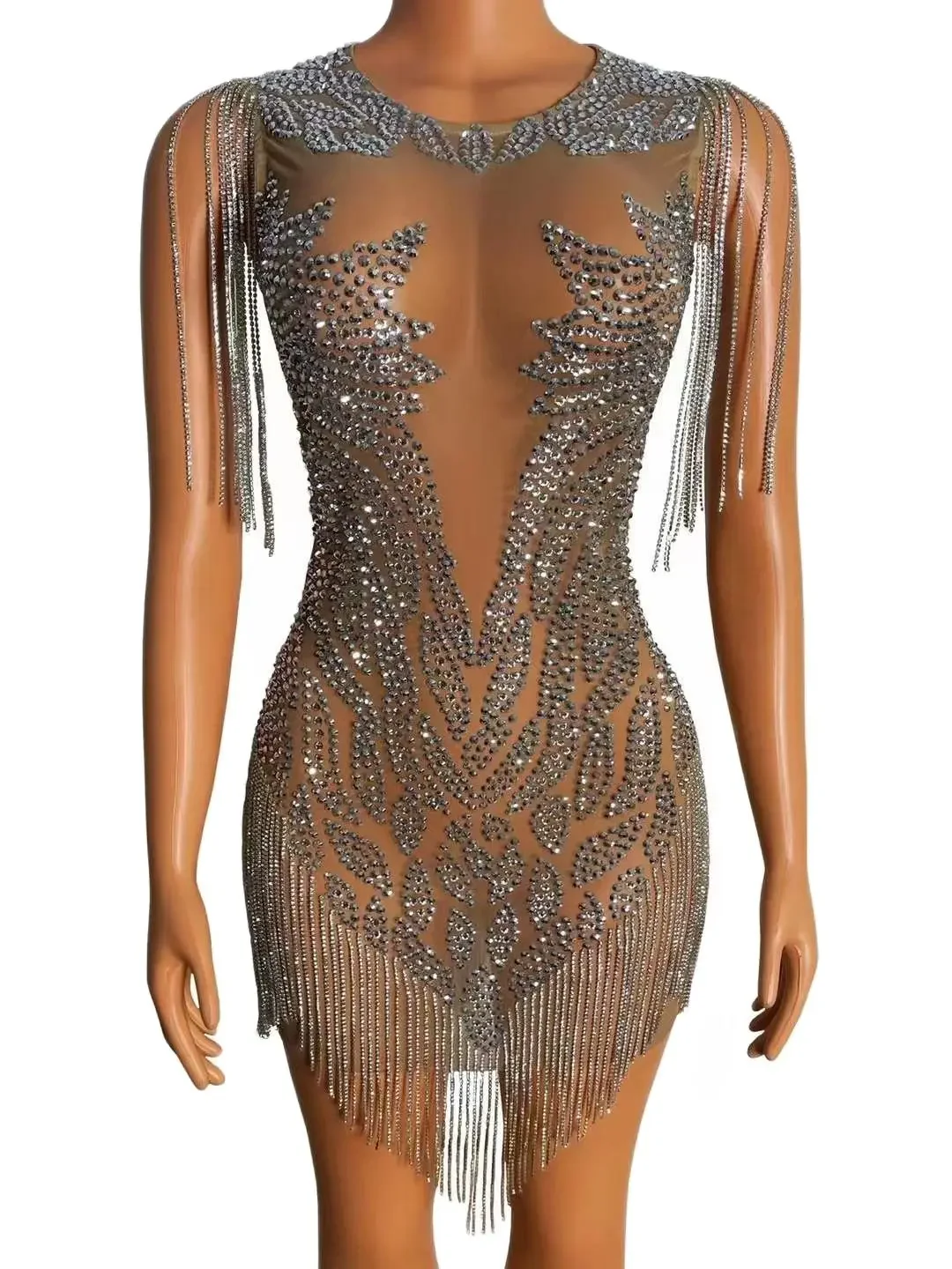 

Sleeveless Mini Dress Women Rhinestone Shinning Fringe Birthday Party Stage Wear Performance Dancer Singer Outfit Drag Queen