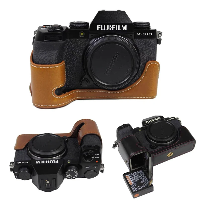 PU Leather Case Shell Camera Video Bag Half Body Base Protector for Fujifilm X-S10 Fuji XS10 Protective Opening Bottom Cover