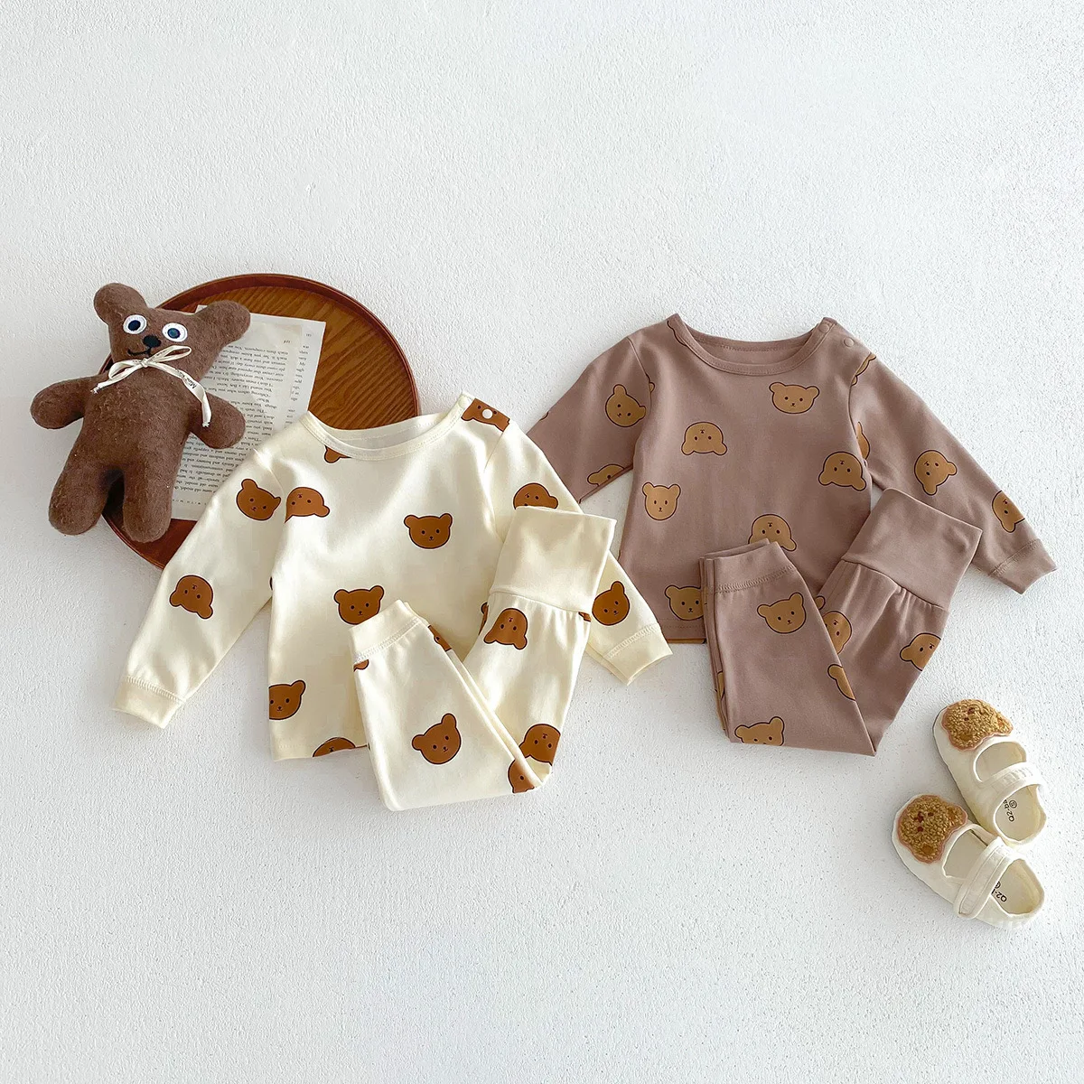 Baby Autumn Clothes Two-piece Cartoon Bear Print Underwear Korean Style Infant Boys Girls Home Wear Soft Cotton Pajamas Suits