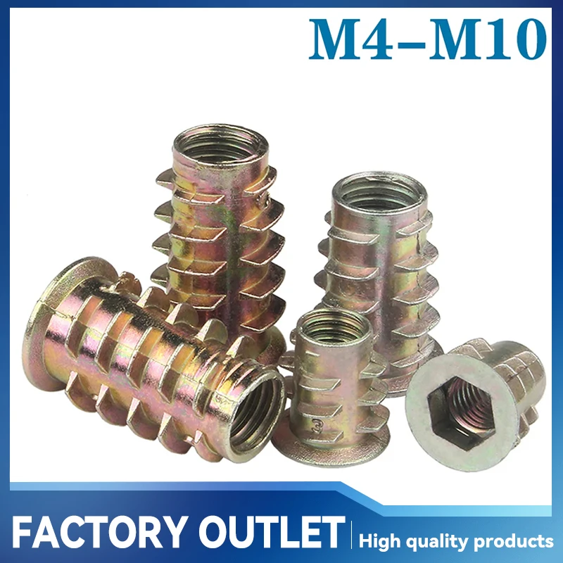 10Pcs M4 M5 M6 M8 M10 Zinc Alloy Thread Hexagon Hex Socket Head Embedded Wood Insert Nut Flanged Hex Drive Head Furniture Nuts