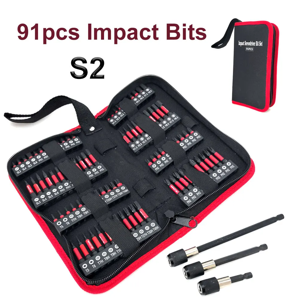 91Pcs High‑Hardness S2 Impact Screwdriver Bits Set 1/4