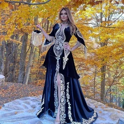 Caftán marroquí azul desmontable, vestidos de noche formales, corte en A, apliques de terciopelo, vestidos de fiesta de encaje, vestidos de fiesta árabes personalizados