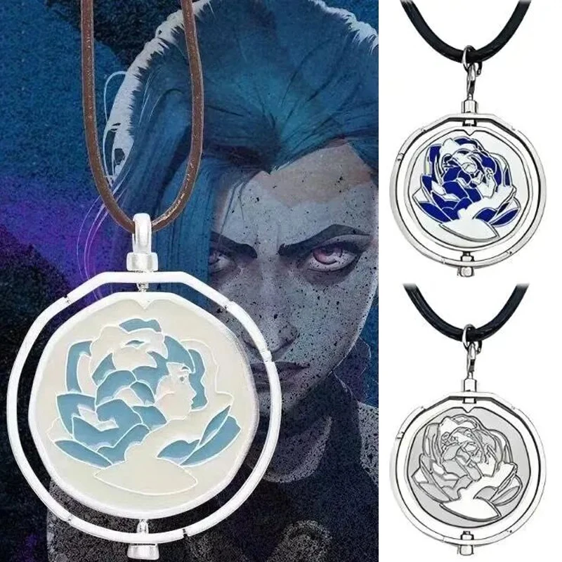 

2025 Game Jinx Blue Rose Rotatable Necklace Anime Game Arcane Season 2 Necklace Pendants Metal Fashion Jewerly Accessories Gift