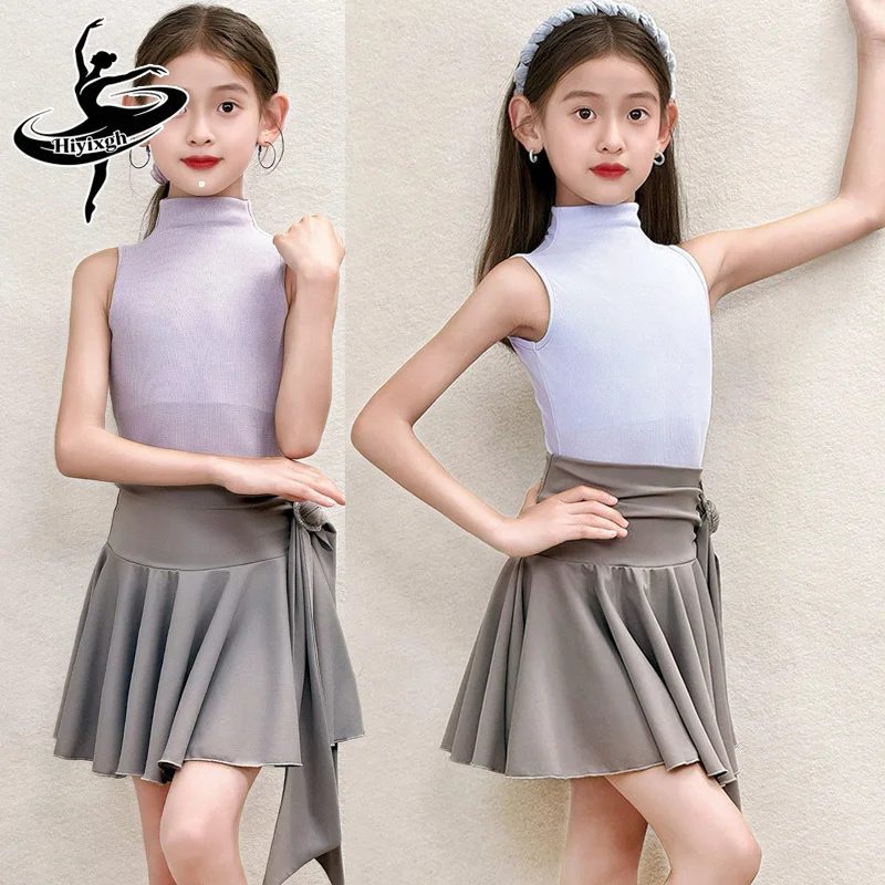 

Children Latin Dance Clothes Girls Professional P[ractice Training Suit Summer Sleeveless Tops High Collar Suit Chacha