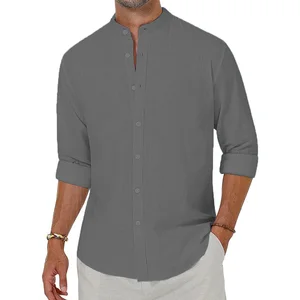 Camisas masculinas de linho, manga comprida, com botão para baixo, gola Henley, camisas de praia, férias havaianas, tops casuais 10 principais vendas camisa henley manga longa - №9